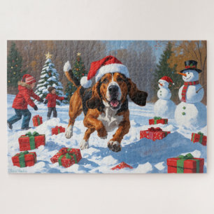 Treeing Walker Coonhound Snow with Christmas Hat Jigsaw Puzzle