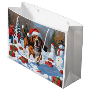 Treeing Walker Coonhound Snow with Christmas Hat Large Gift Bag