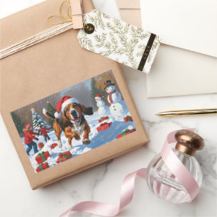 Treeing Walker Coonhound Snow with Christmas Hat Rectangular Sticker