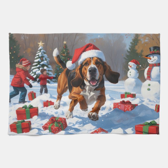 Treeing Walker Coonhound Snow with Christmas Hat Tea Towel (Horizontal)