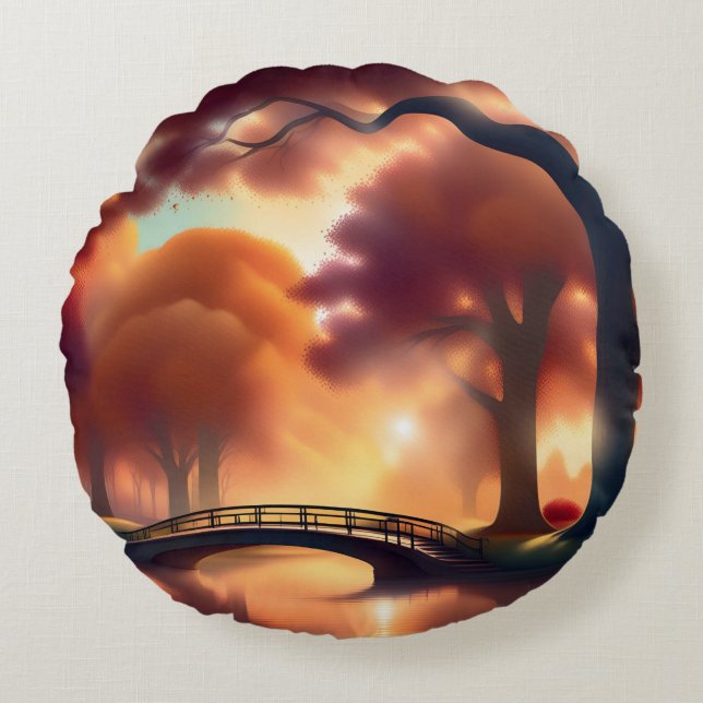 Trees and Bridge Artistic Fall Round Cushion (Front)