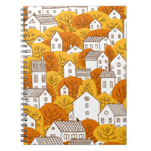 Trees and houses seamless pattern. Autumn, fall ci Notebook