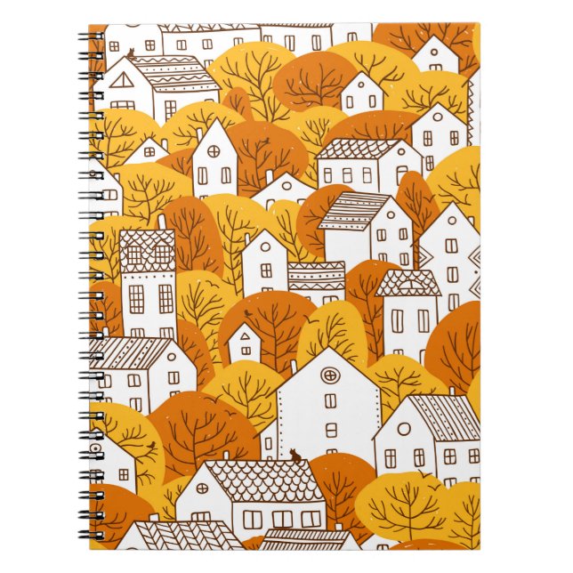 Trees and houses seamless pattern. Autumn, fall ci Notebook (Front)