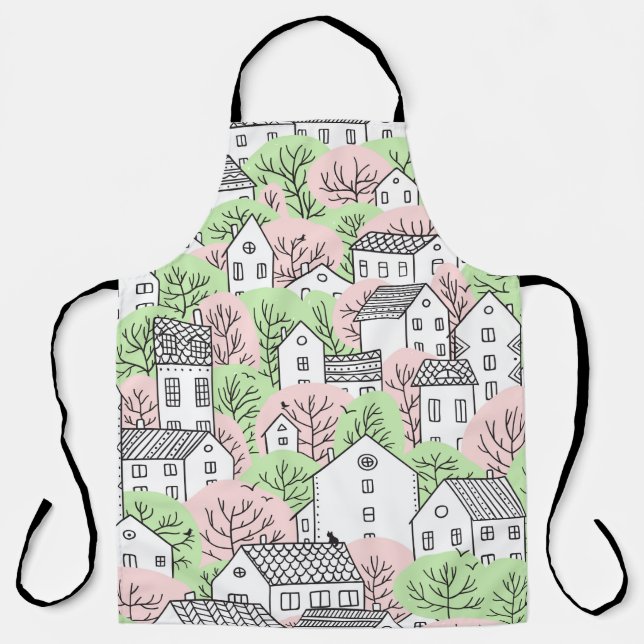 Trees and houses seamless pattern. Spring and summ Apron (Front)