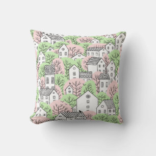 Trees and houses seamless pattern. Spring and summ Cushion