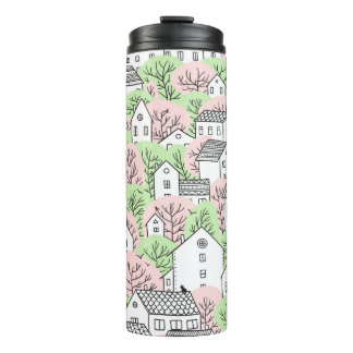 Trees and houses seamless pattern. Spring and summ Thermal Tumbler