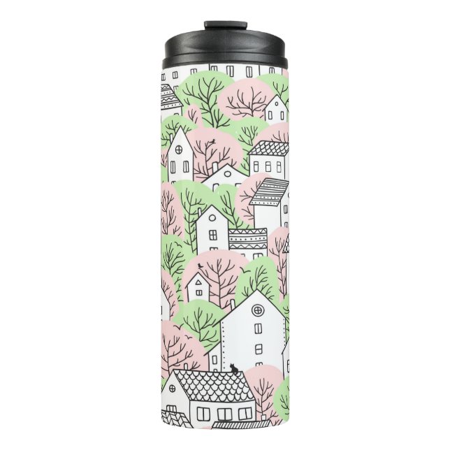 Trees and houses seamless pattern. Spring and summ Thermal Tumbler (Front)