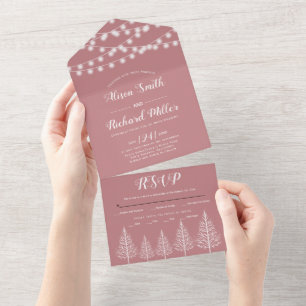 Trees and lights dusty rose winter wedding all in one invitation