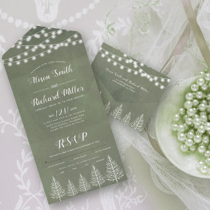 Trees and lights limed ash green wedding all in one invitation