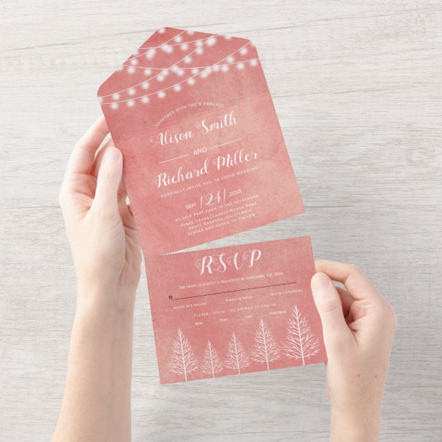Trees and lights stained pink-peach winter wedding all in one invitation (Tearaway)