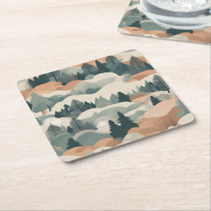 Trees and Mountains Boho Abstract Design Square Paper Coaster