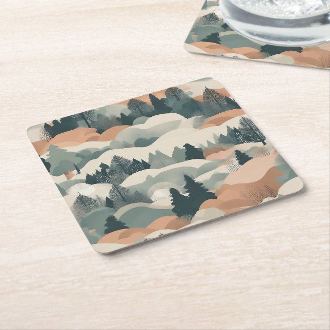 Trees and Mountains Boho Abstract Design Square Paper Coaster (Angled)
