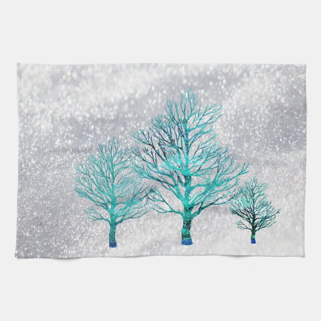 Trees and Snow Crystals Tea Towel (Horizontal)