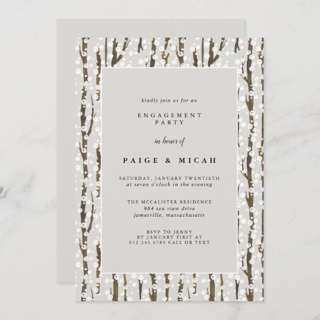 Trees and Snow Rustic Winter Engagement Party Invitation (Front/Back)