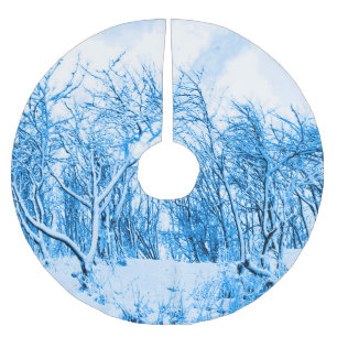 Trees and Snow Winter Scene, Cobalt Blue Brushed Polyester Tree Skirt