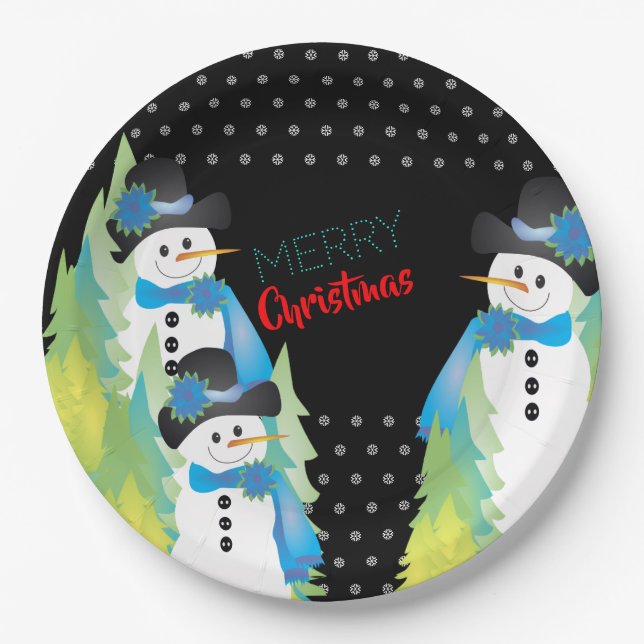 Trees and Snowman Decorative Paper Plate (Front)