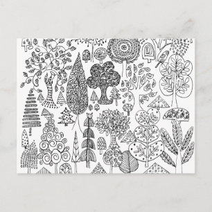 Trees Black and White Hand Drawn Illustration Art Postcard