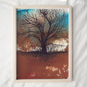 Trees Blue Rust Ink Drawing Watercolor Art Poster