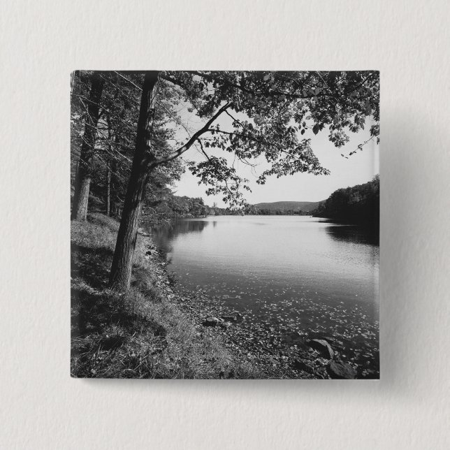 Trees by river B&W 15 Cm Square Badge (Front)