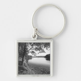 Trees by river B&W Key Ring