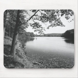 Trees by river B&W Mouse Mat