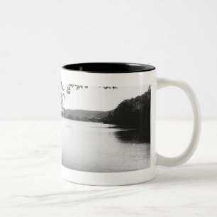 Trees by river B&W Two-Tone Coffee Mug