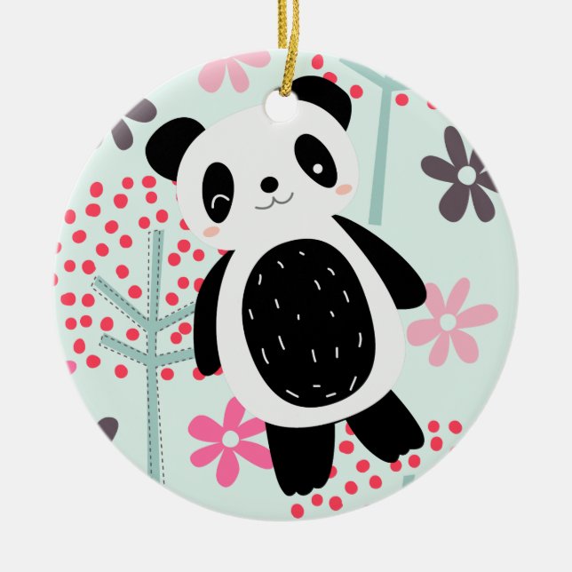 Trees, Flowers, and Panda Bears Ceramic Tree Decoration (Front)