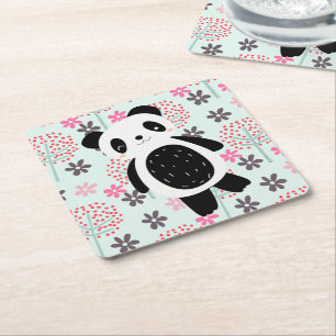 Trees, Flowers, and Panda Bears Square Paper Coaster