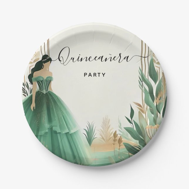 Trees Gold Mint Glam Emerald Green Quinceanera Paper Plate (Front)