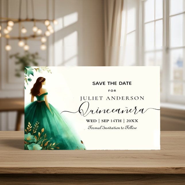 Trees Gold Mint Glam Emerald Green Quinceanera Save The Date (Creator Uploaded)