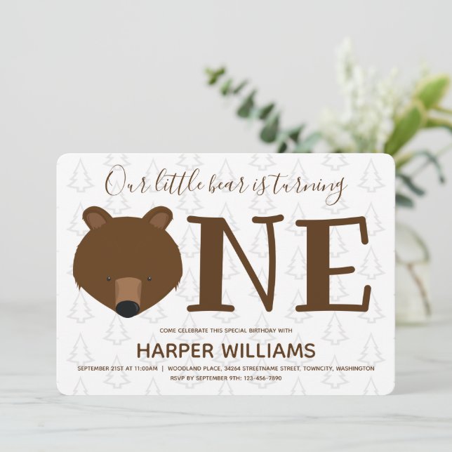 Trees Grizzly Bear One Animal 1st Birthday Invitation (Standing Front)