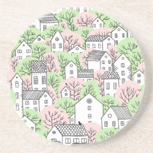 Trees, houses, spring city landscape coaster