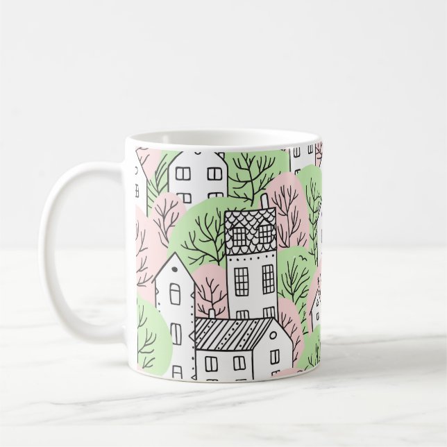 Trees, houses, spring city landscape coffee mug (Left)