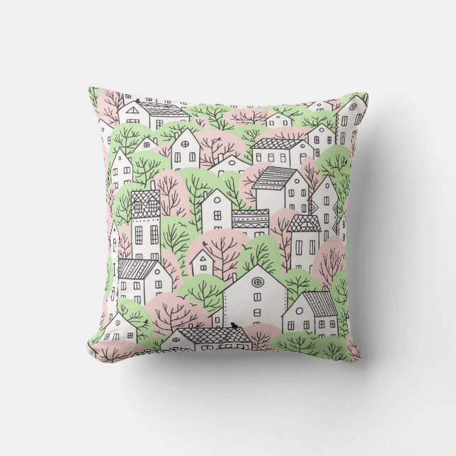 Trees, houses, spring city landscape cushion (Front)