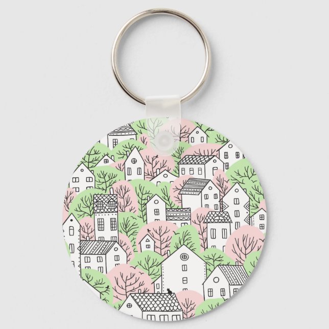 Trees, houses, spring city landscape key ring (Front)