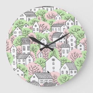 Trees, houses, spring city landscape large clock