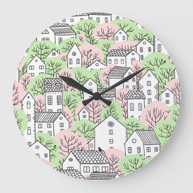 Trees, houses, spring city landscape large clock (Front)
