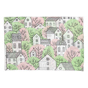 Trees, houses, spring city landscape pillowcase