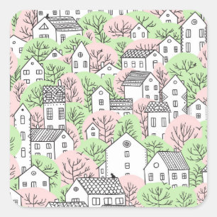 Trees, houses, spring city landscape square sticker