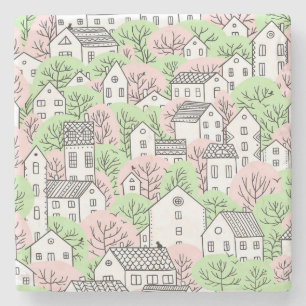 Trees, houses, spring city landscape stone coaster