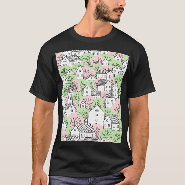Trees, houses, spring city landscape T-Shirt (Front)