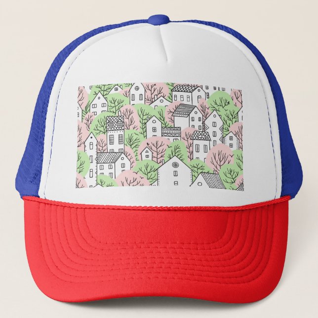 Trees, houses, spring city landscape trucker hat (Front)