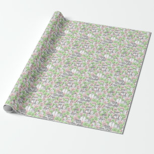 Trees, houses, spring city landscape wrapping paper