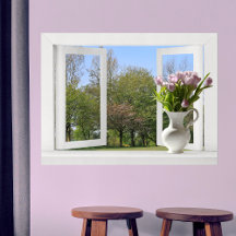 Trees in Springtime - Open Window View with Tulips