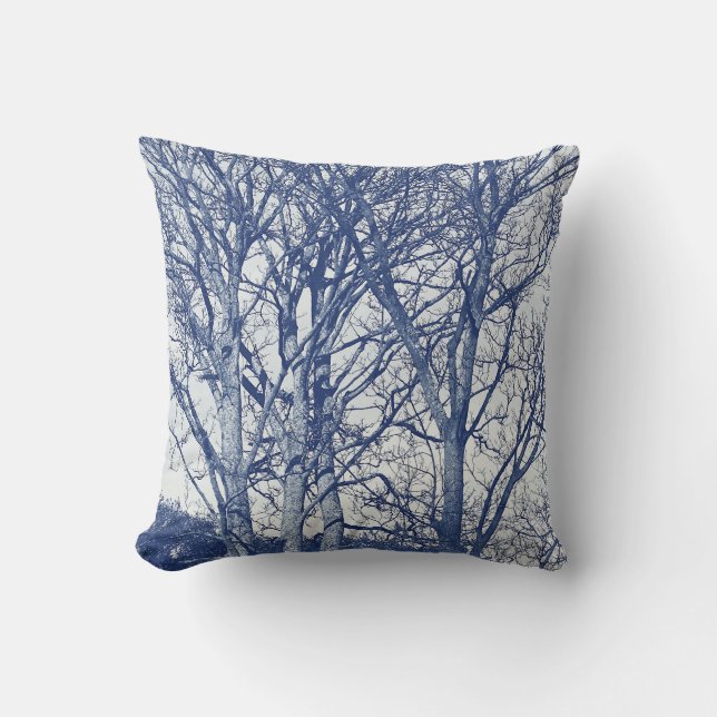 Trees in Winter - Cyanotype Effect Cushion (Front)