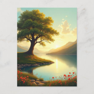 Trees lake landscape art painting postcard