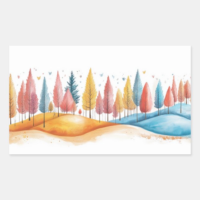 Trees Nature Illustration Pastel Colour Drawing Rectangular Sticker (Front)