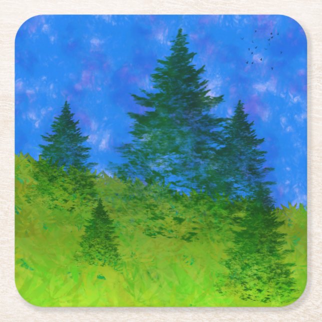 Trees on a Hill Square Paper Coaster (Front)