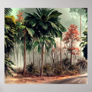 Trees on a side of country road poster