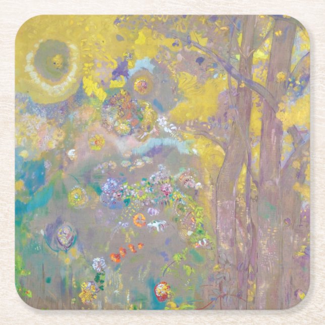 Trees on Yellow Background, Redon Square Paper Coaster (Front)
